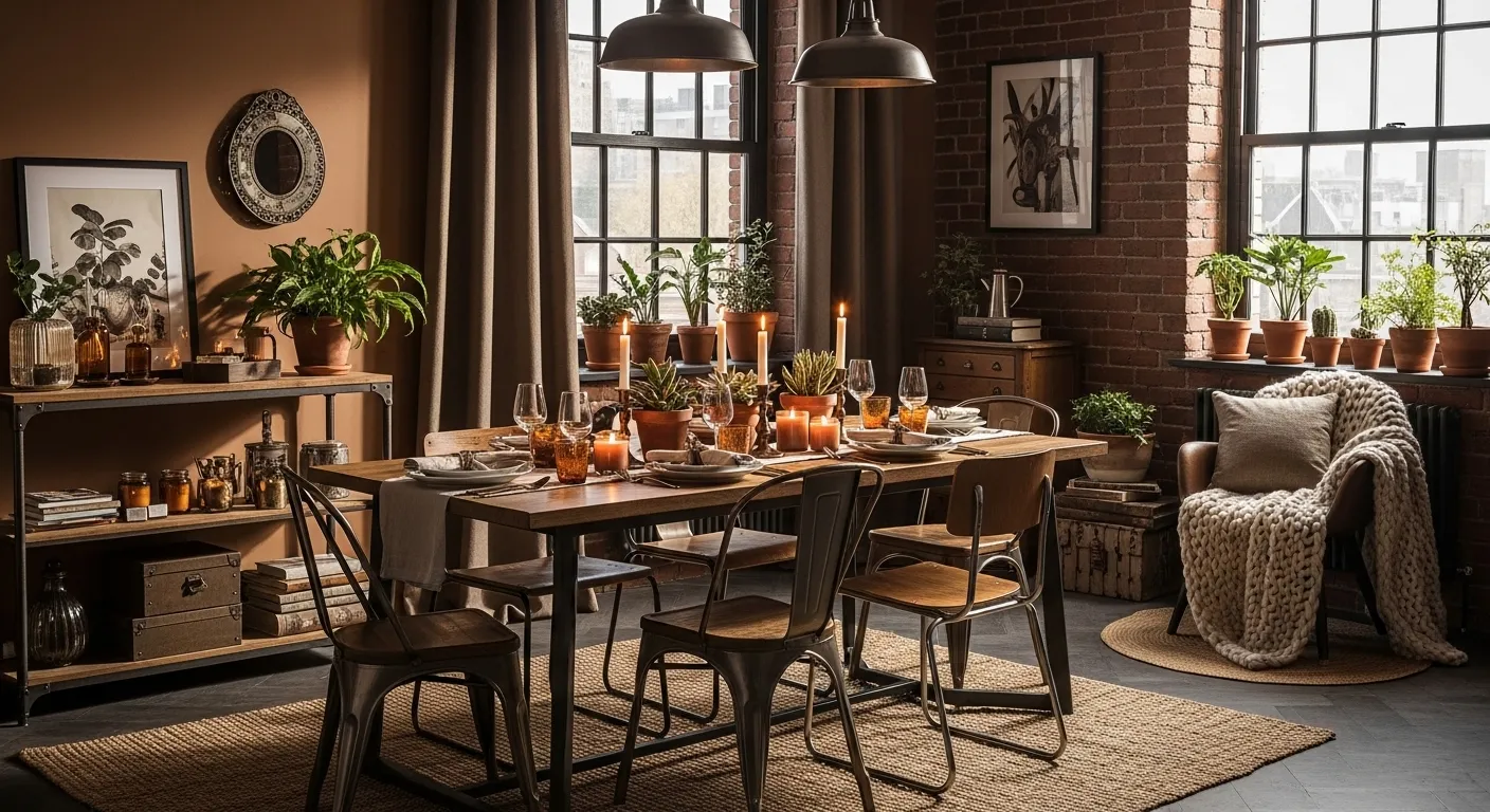 Warm brown industrial dining room with brick walls, wood table, metal chairs