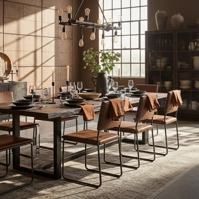 Industrial dining room with long wood table, leather chairs, and large windows