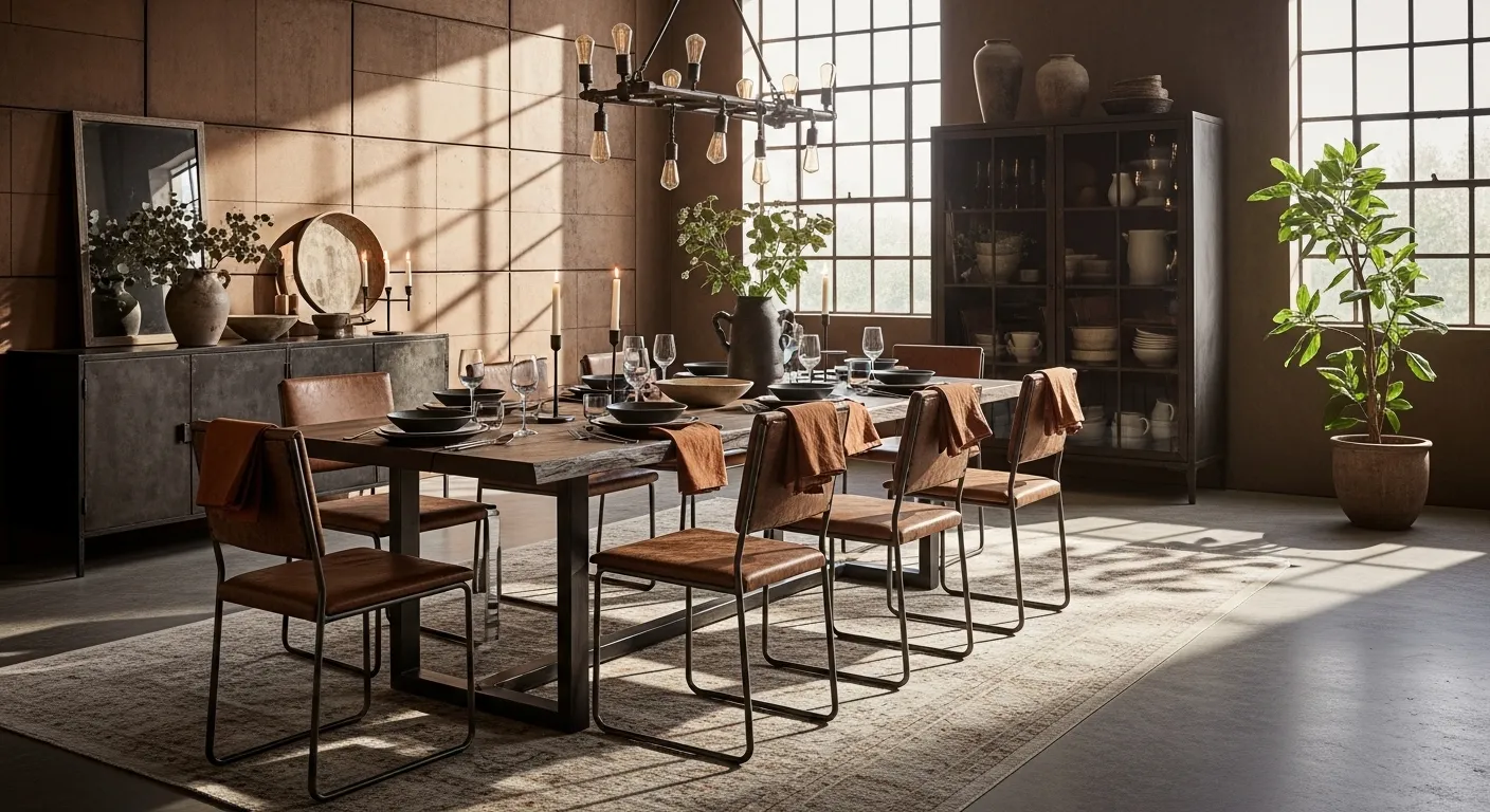 Industrial dining room with long wood table, leather chairs, and large windows