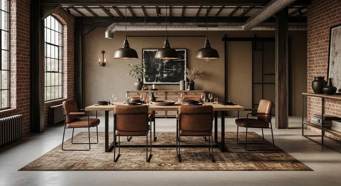 Industrial dining room with warm brown leather chairs, wood table, brick walls