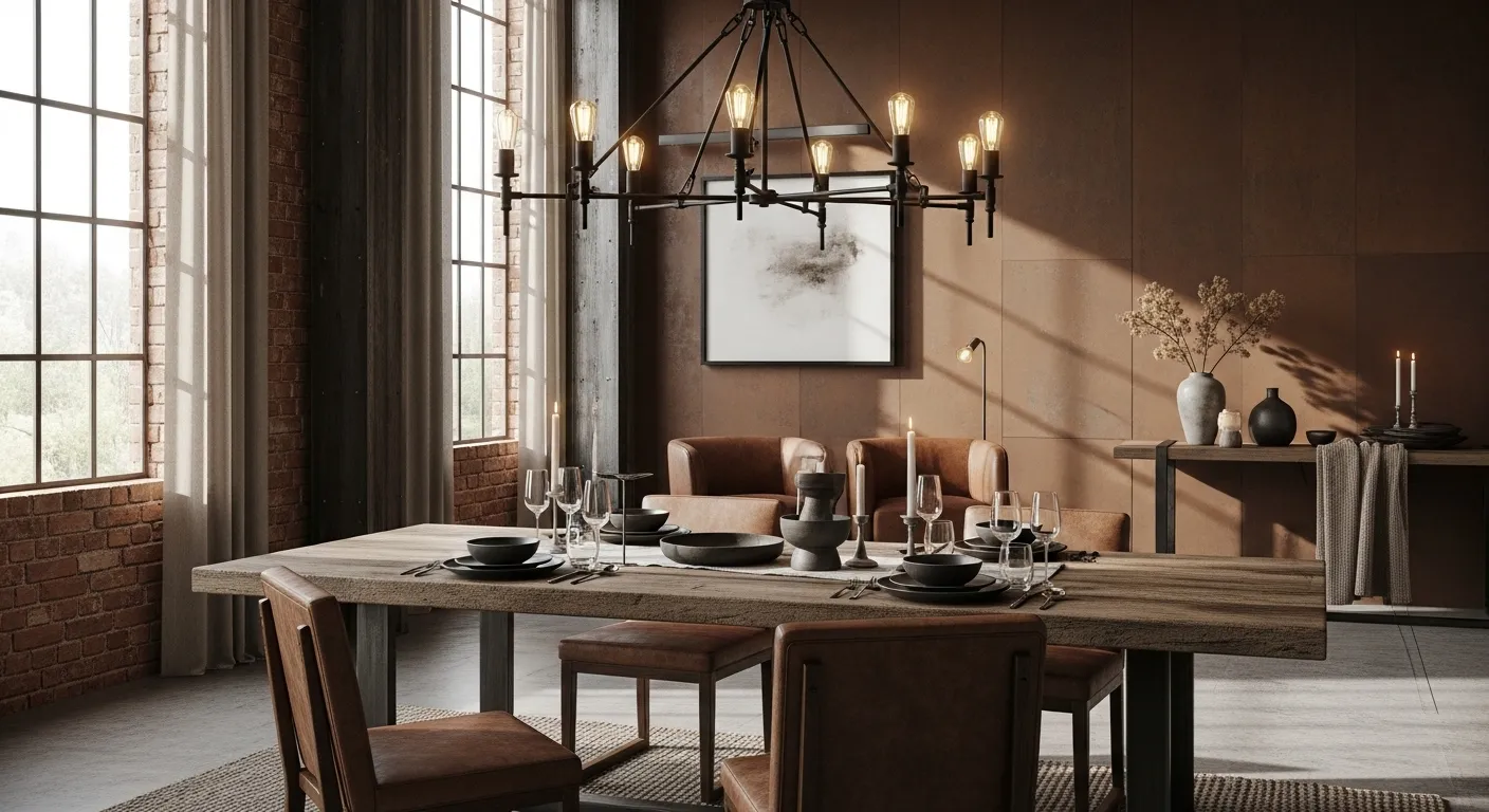 Warm industrial dining room with wood table, leather chairs, black chandelier.