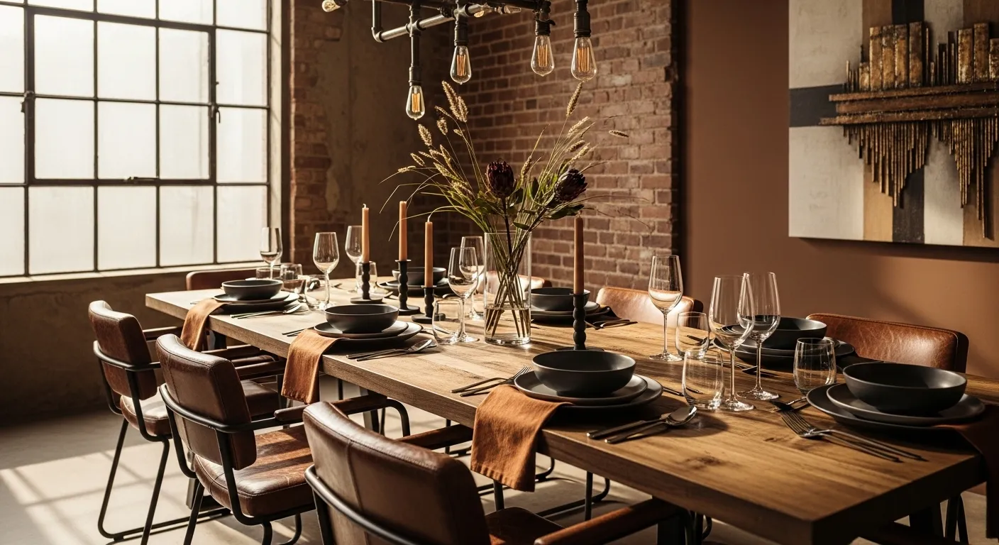 Warm industrial dining room with wood table, leather chairs, and brick wall