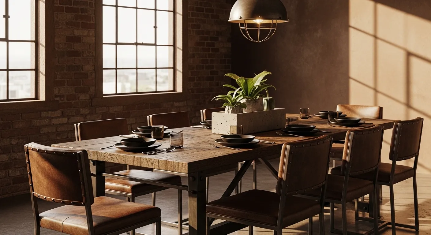 Warm brown industrial dining room with wood table, leather chairs, brick walls