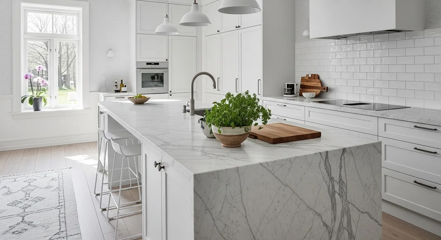 White Scandinavian kitchen with marble waterfall island, pendant lights, and greenery.