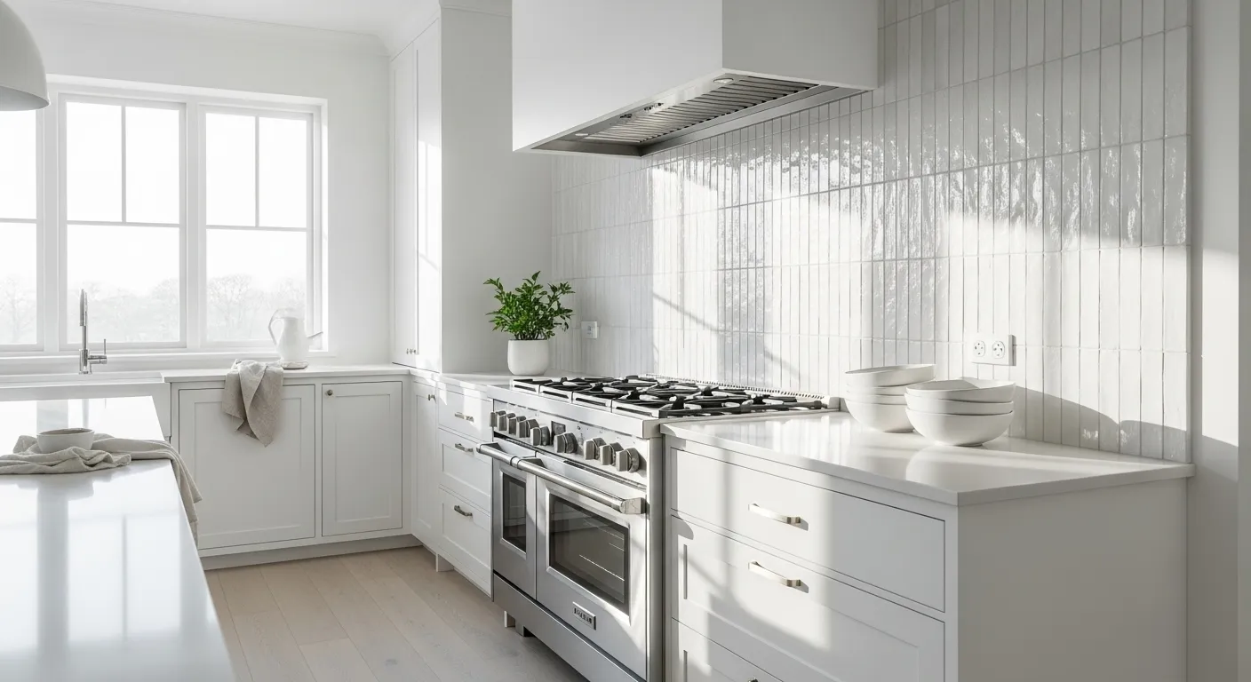 Bright white Scandi kitchen with glossy tile backsplash and stainless range