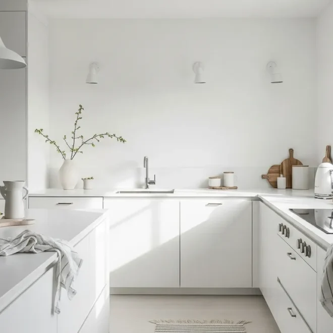Bright white Scandi kitchen with minimal cabinets, pendant lights, and large window