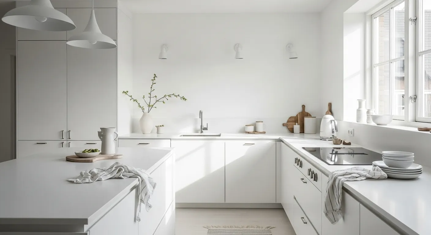 Bright white Scandi kitchen with minimal cabinets, pendant lights, and large window