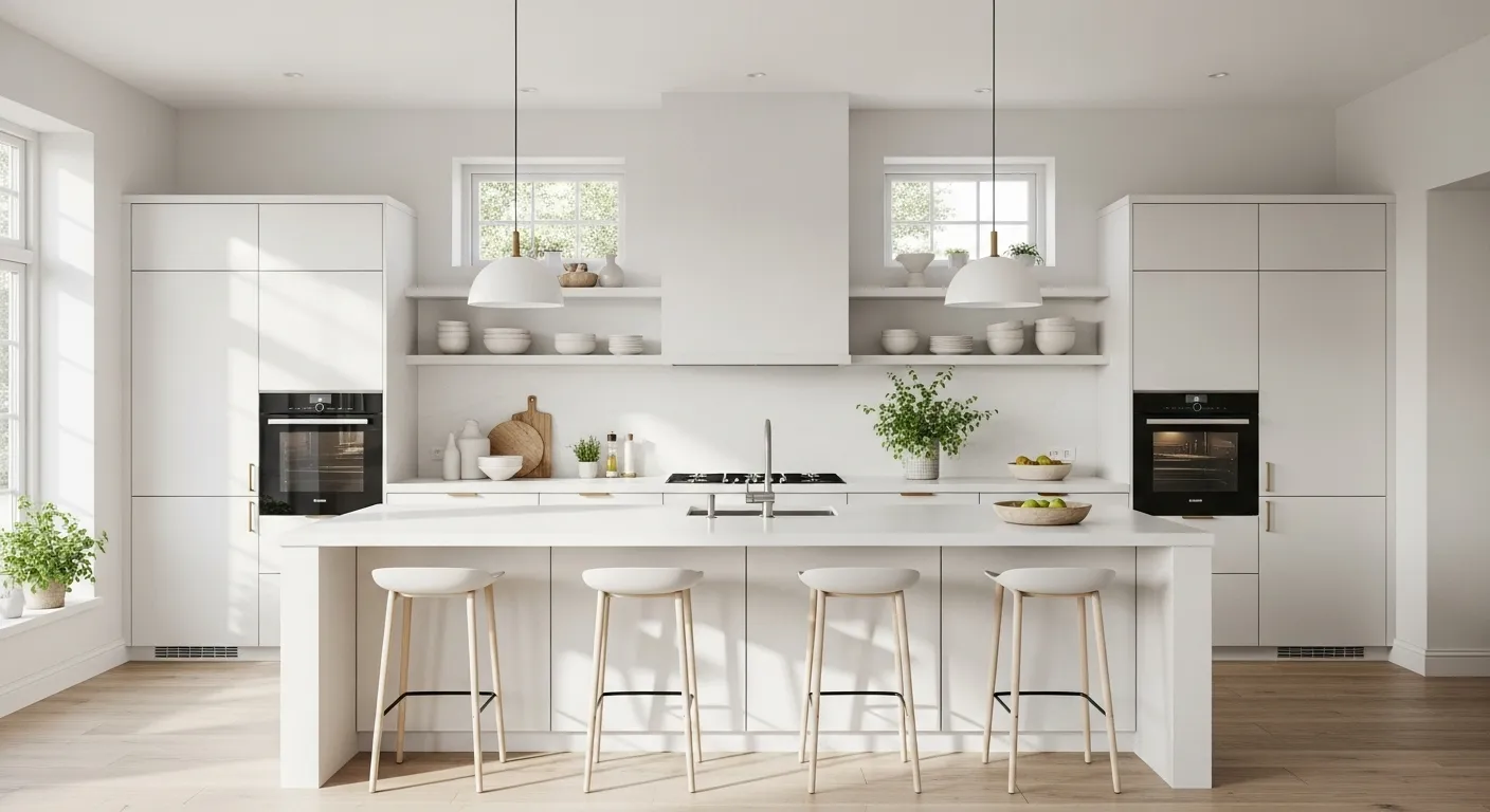Bright white Scandi kitchen with waterfall island, stools, open shelves, and pendant lights