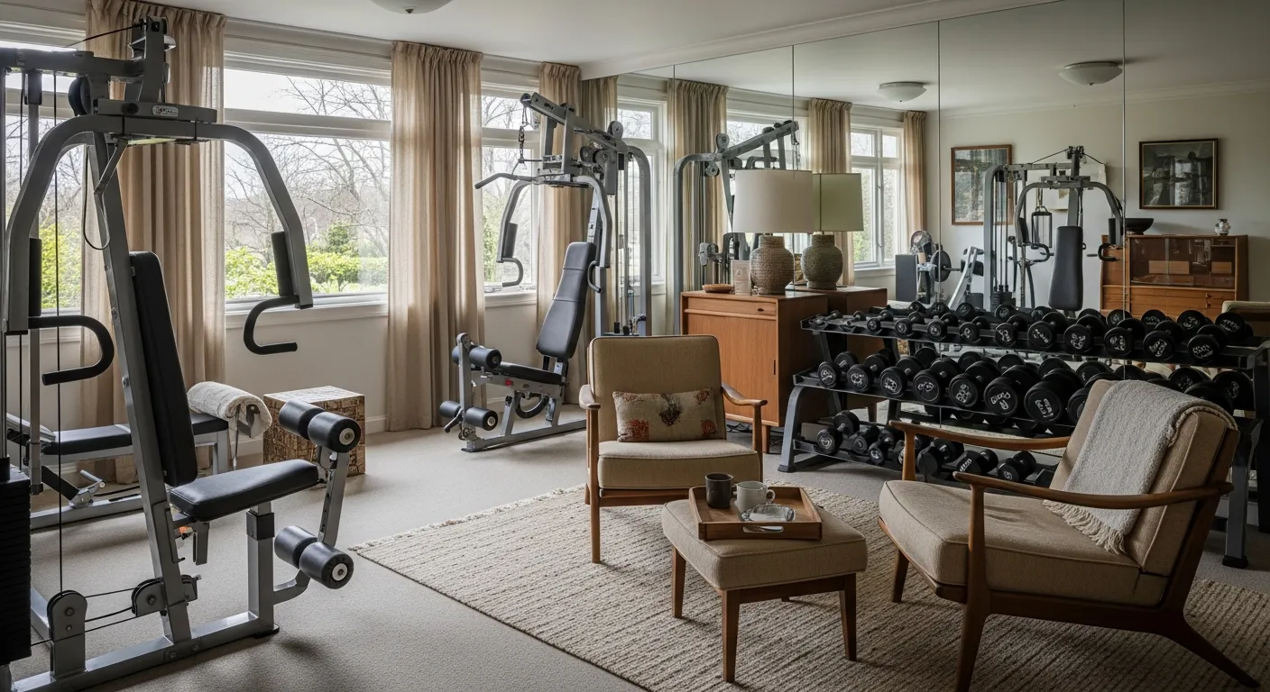 Equipment placement in a room utilizing Mid-Century Modern Home Gym ideas
