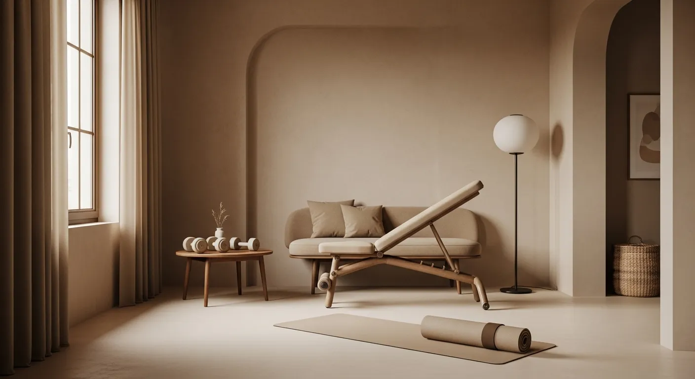 Calming beige wall tones in a room showcasing Mid-Century Modern Home Gym ideas