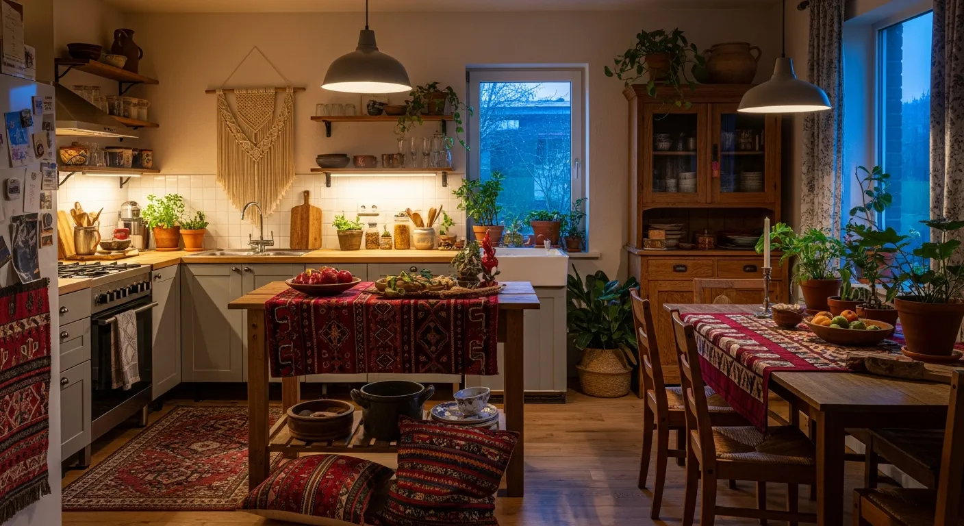 Styling tips for bohemian kitchen ideas including hanging plants and woven decor