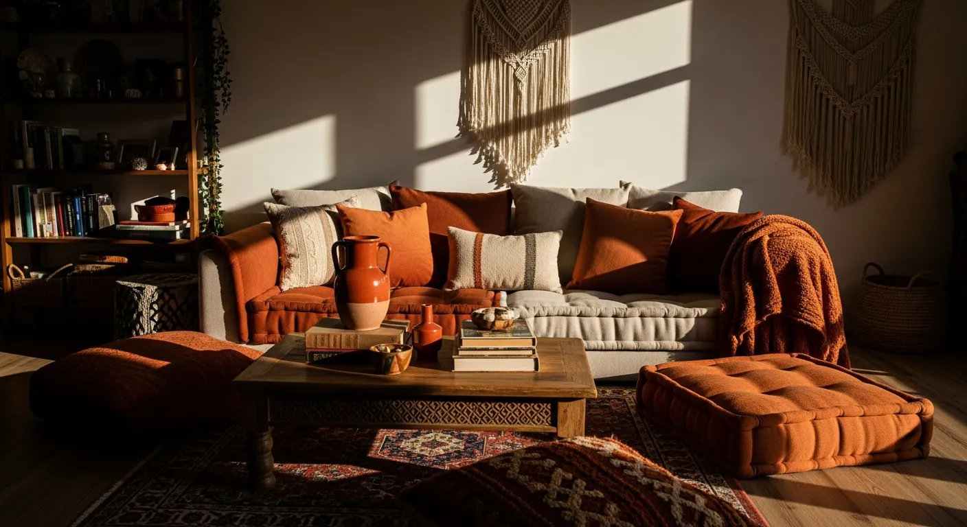 Perfect color combinations for bohemian living room ideas with orange and beige