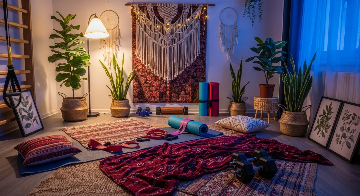 Styled bohemian home gym with layered rugs and dark red walls
