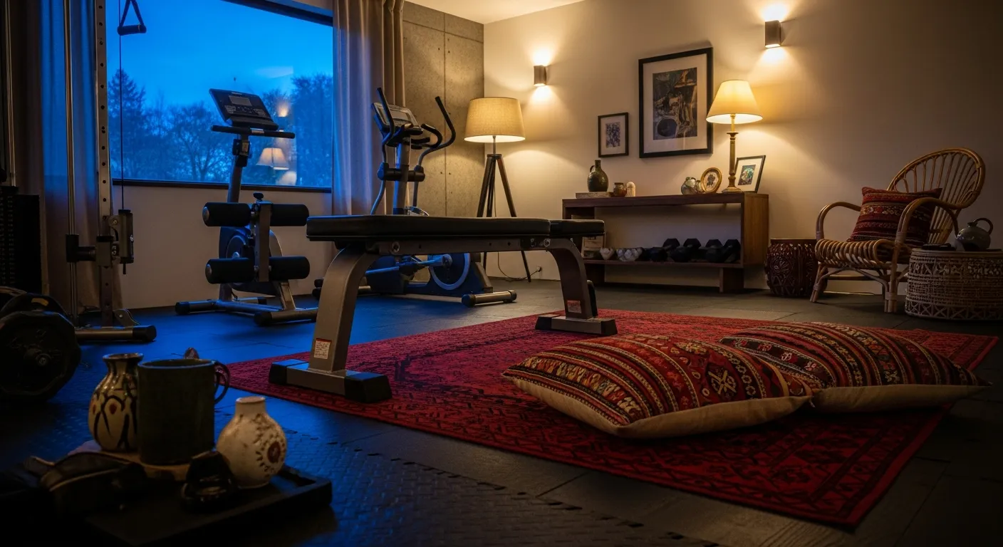 Dark red bohemian home gym with hanging plants and rattan textures