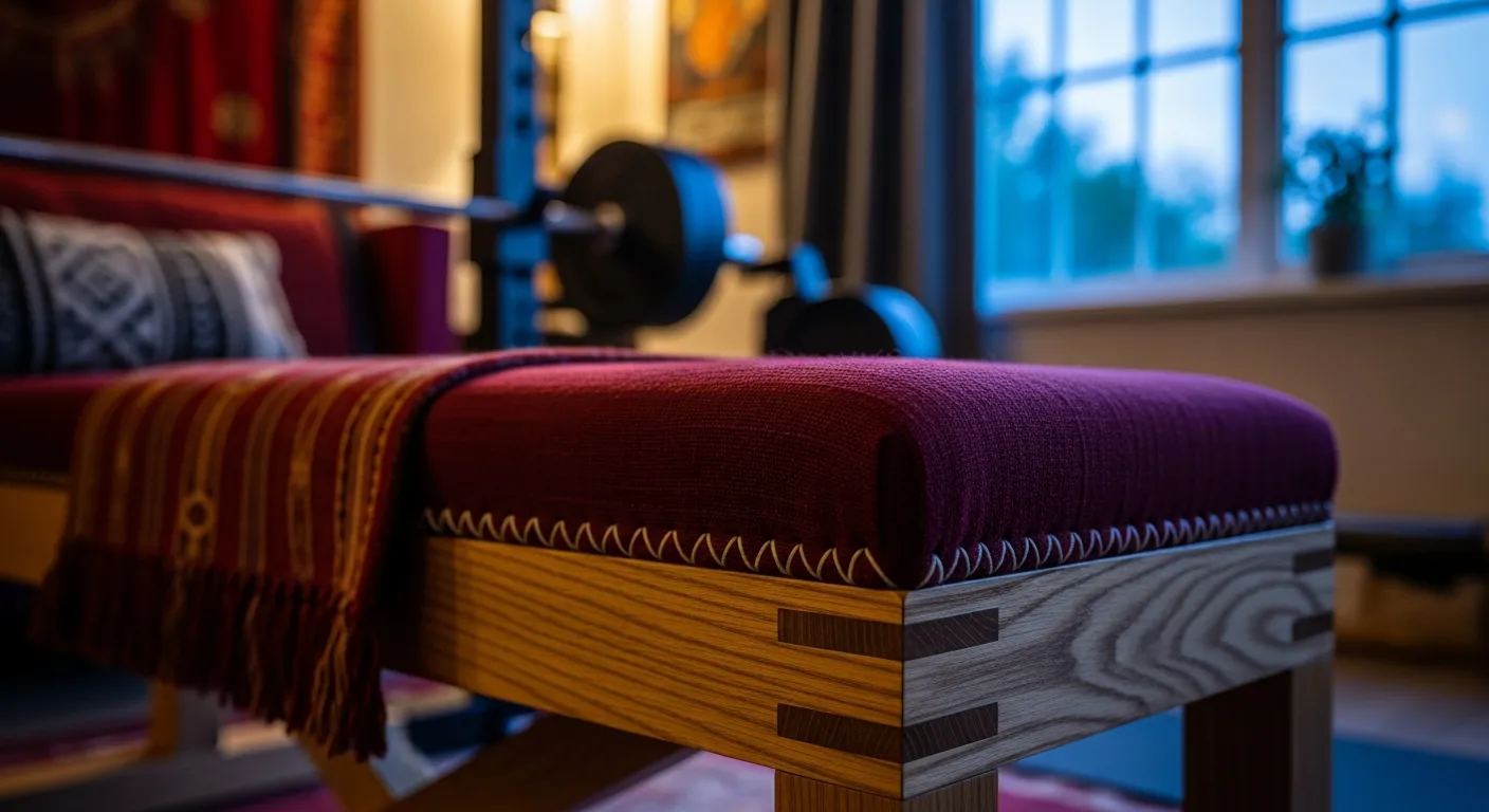 Woven rattan furniture and yoga equipment in a dark red bohemian home gym