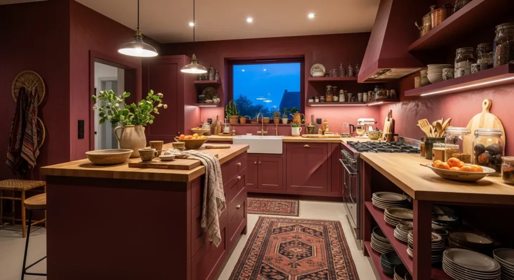 Eclectic bohemian kitchen featuring deep burgundy cabinets, open wood shelving, and hanging greenery