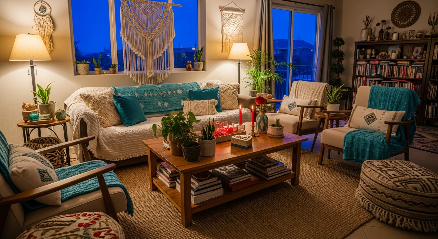 Cozy Bohemian Living Room ideas with turquoise focal point and greenery