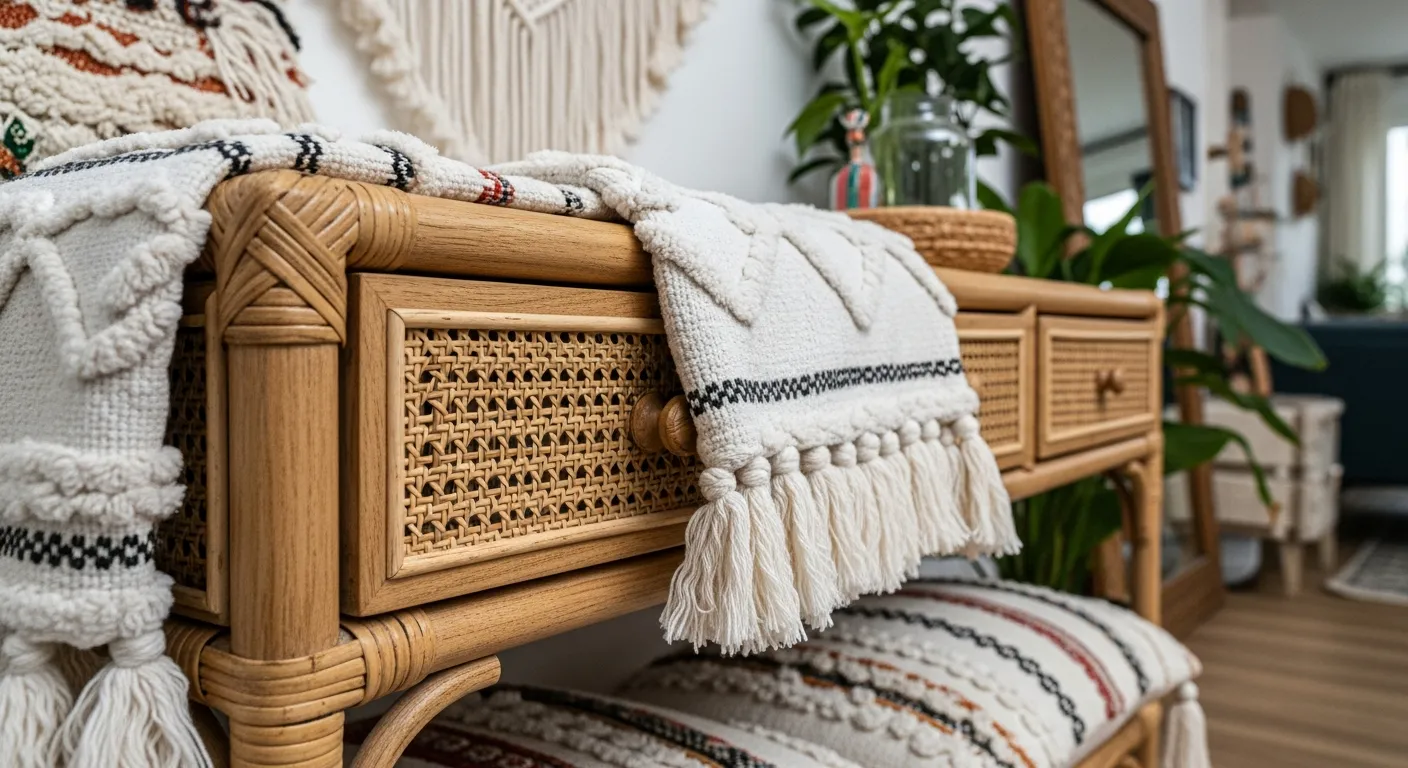Bright white bohemian entryway ideas featuring natural wood textures and luscious hanging plants