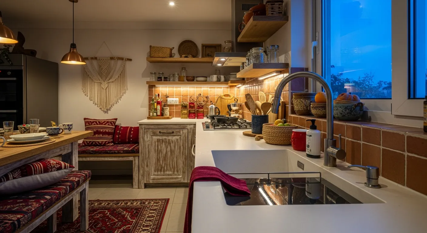 Moody lighting and plant styling for cozy Bohemian Kitchen ideas