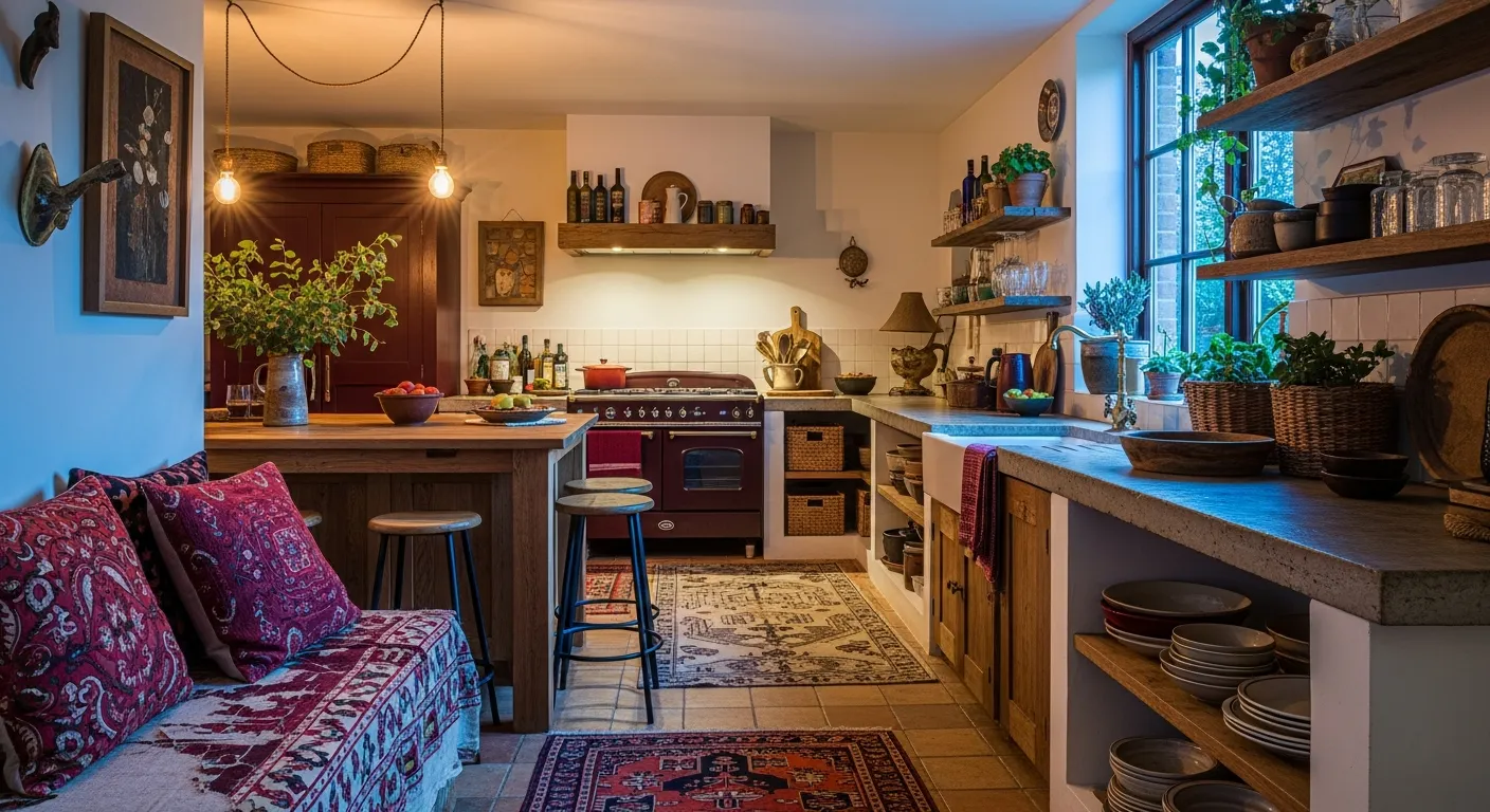 Bohemian kitchen ideas mixing burgundy cabinets with natural woven textures