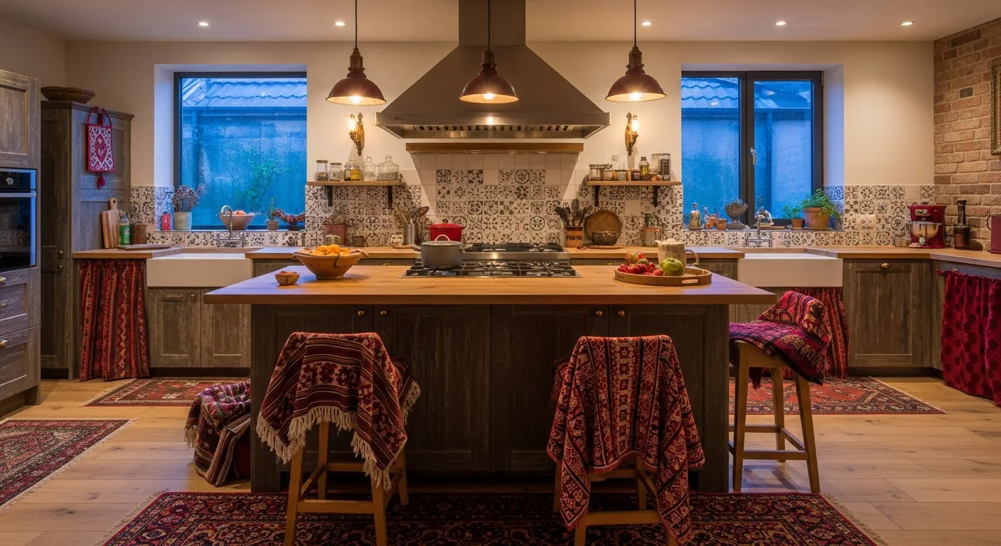 DIY bohemian kitchen ideas featuring painted burgundy cabinets and plants