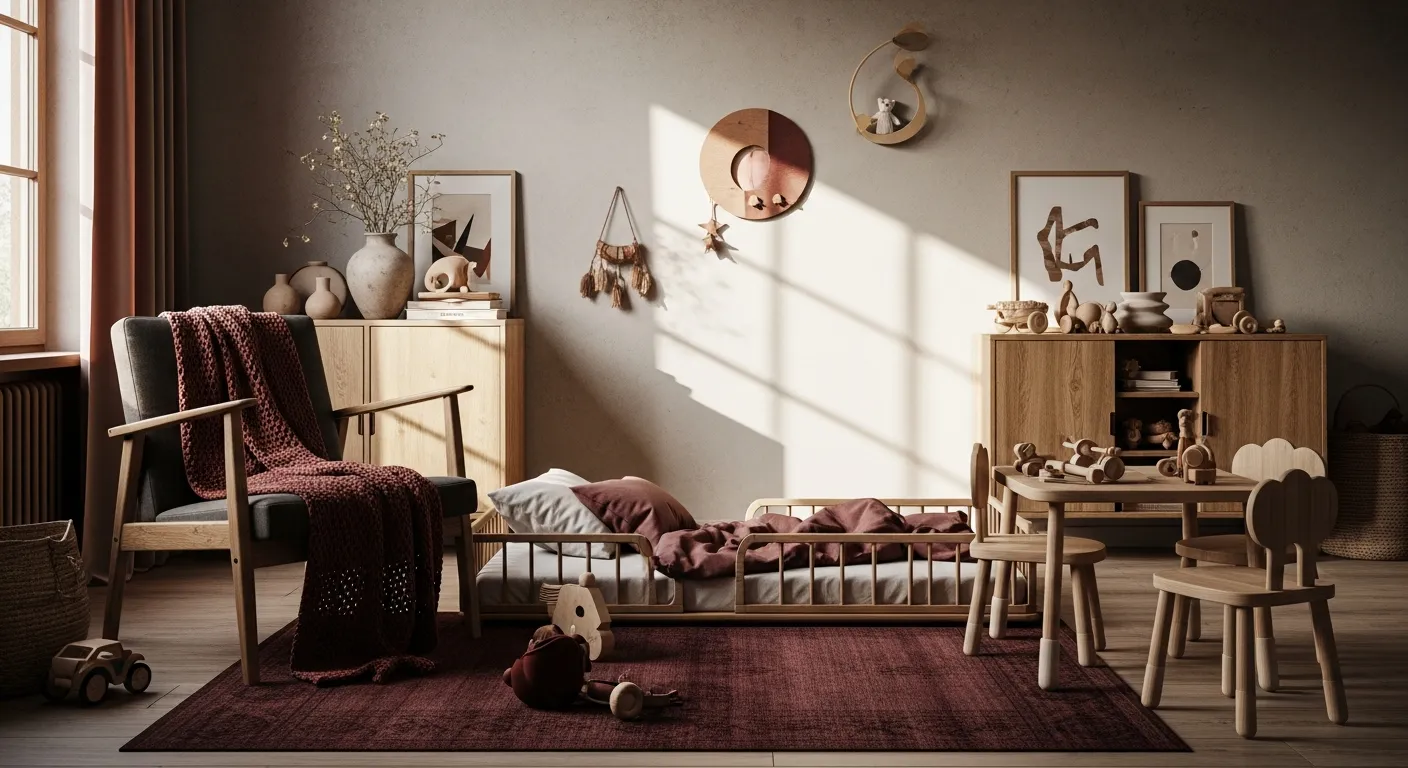 Color palette inspiration for Japandi Nursery & Kids Room ideas with burgundy and wood