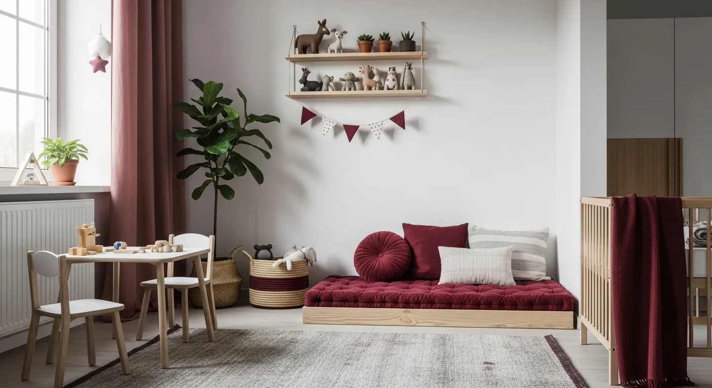 Styling tips for Japandi Nursery & Kids Room ideas using burgundy accents