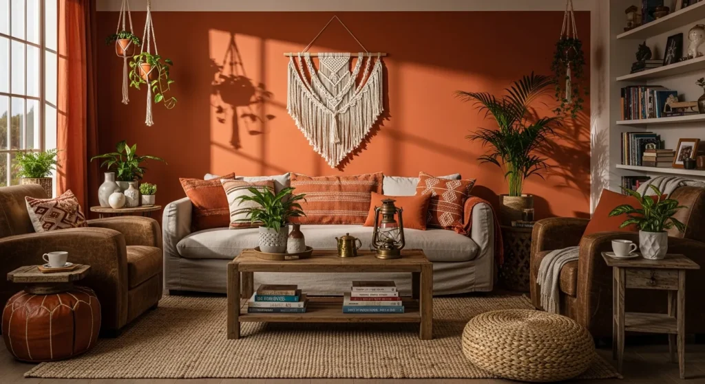 Cozy bohemian living room featuring a burnt orange velvet sofa and textured decor