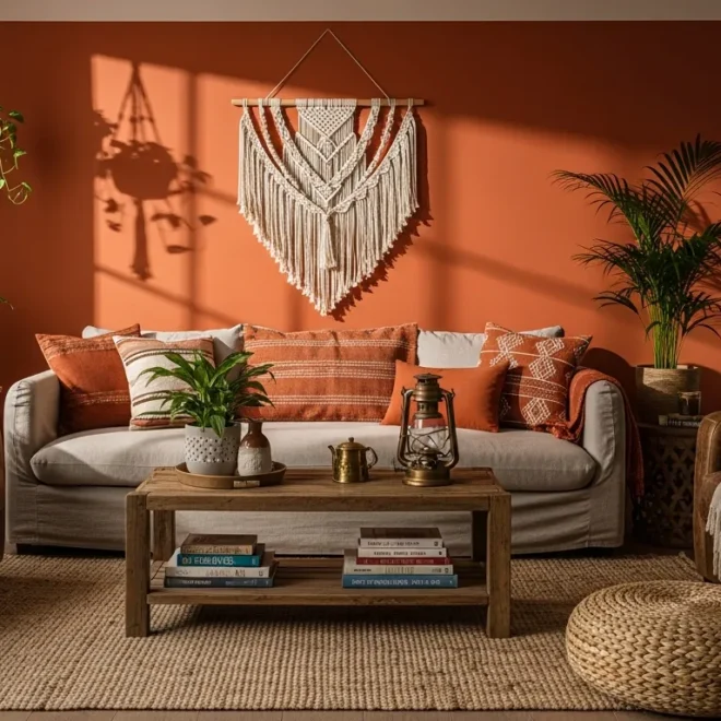 Cozy bohemian living room featuring a burnt orange velvet sofa and textured decor