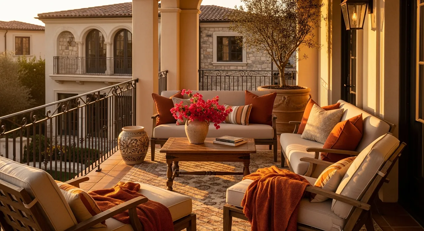 Styling details for Classic Luxury Outdoor Balcony ideas including burnt orange pillows
