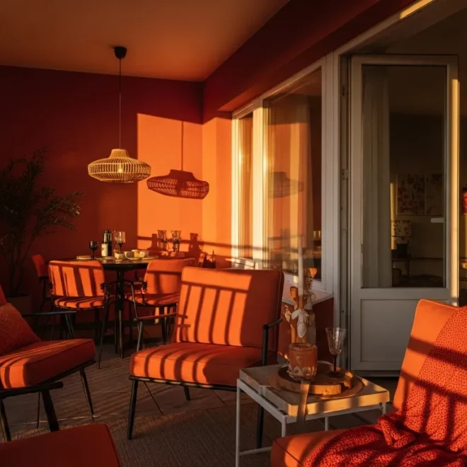 Luxury balcony featuring burnt orange cushions and classic wrought iron furniture