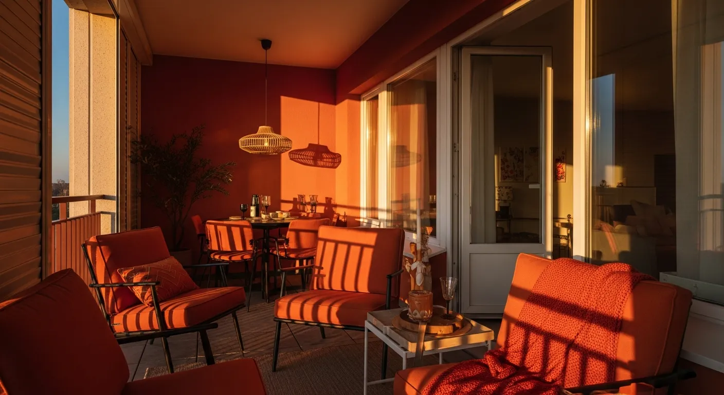 Classic Luxury Outdoor Balcony ideas featuring burnt orange cushions on wrought iron furniture