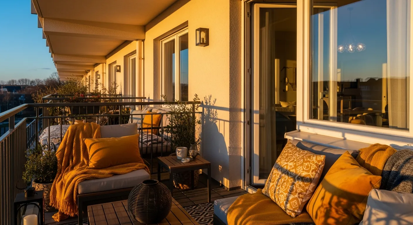 Wrought iron bench with mustard cushions in a Classic Luxury Outdoor Balcony ideas setting