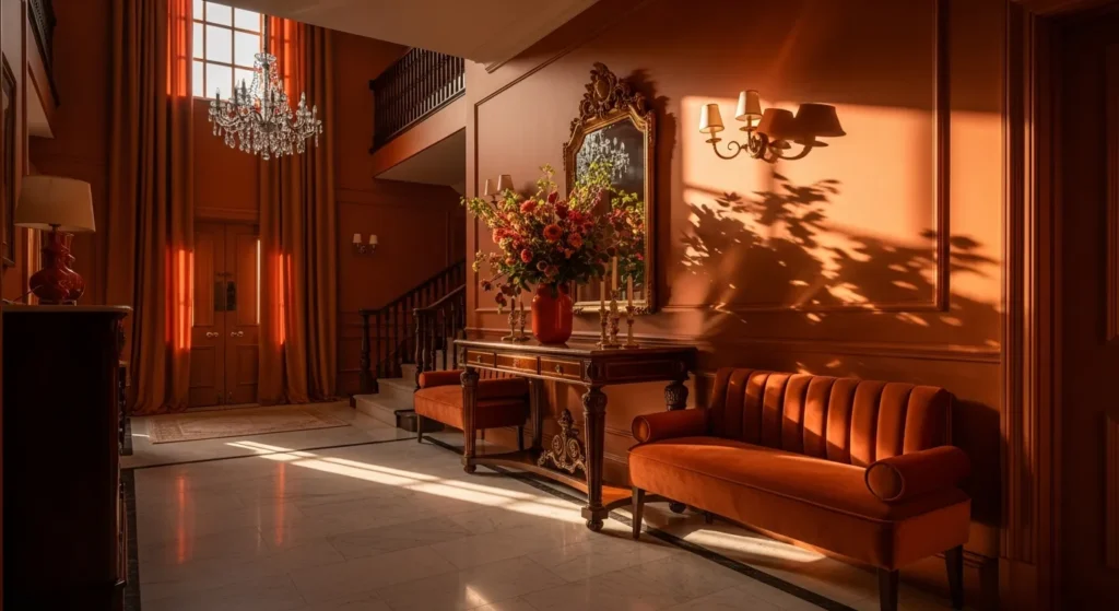 Elegant foyer featuring burnt orange walls, gold antique mirror, and marble console table