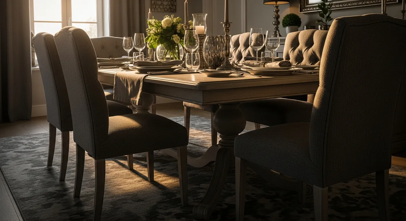 Classic luxury dining room details with ornate crystal chandelier and gray decor
