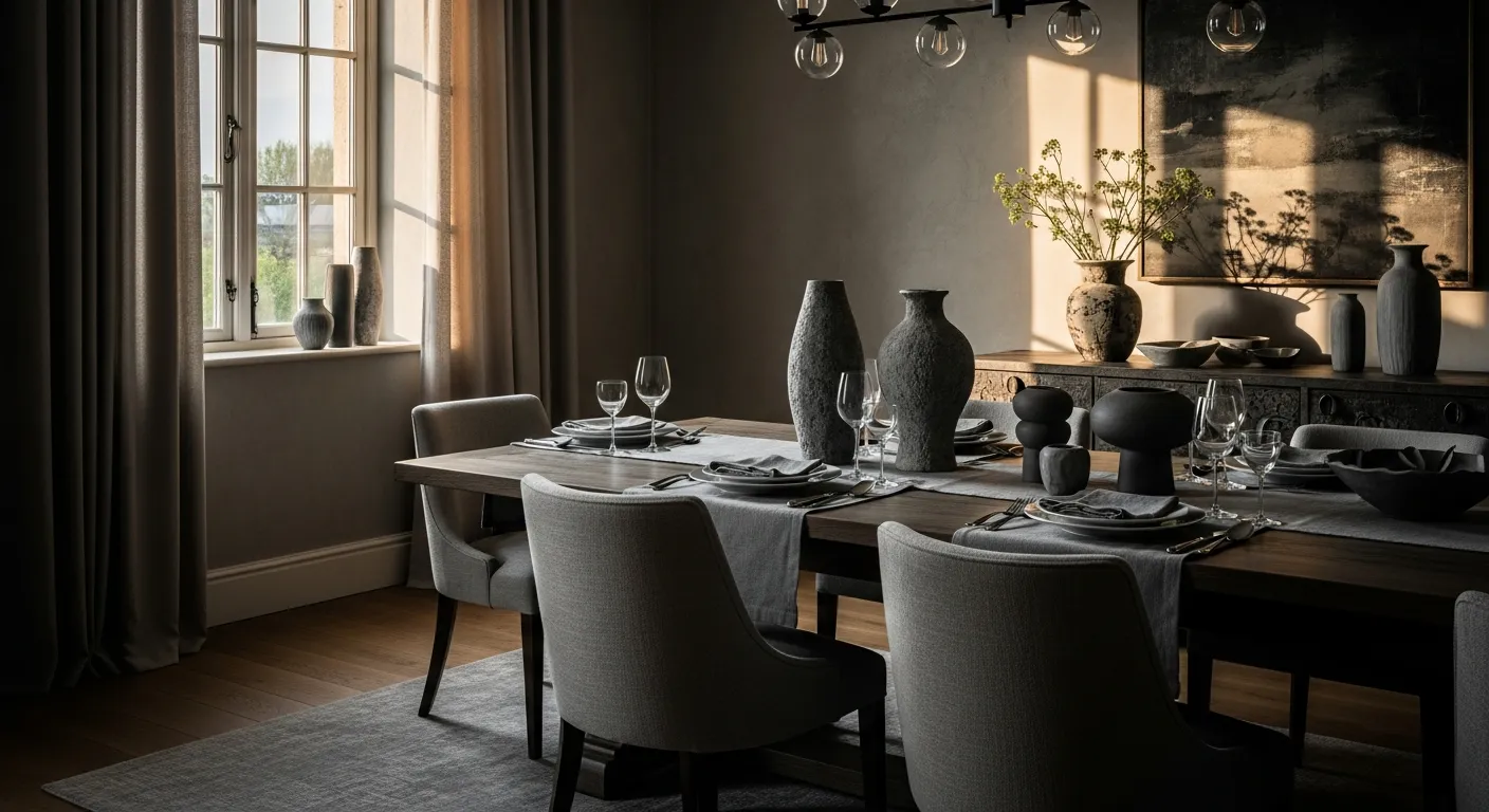 Classic Luxury Dining Room ideas featuring monochromatic gray palette and soft velvet