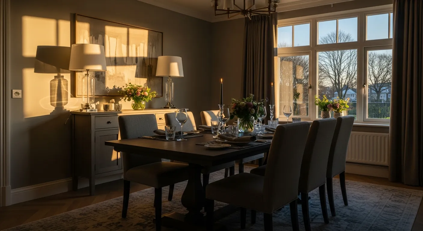 Classic luxury gray dining room with refined moldings and layered decor