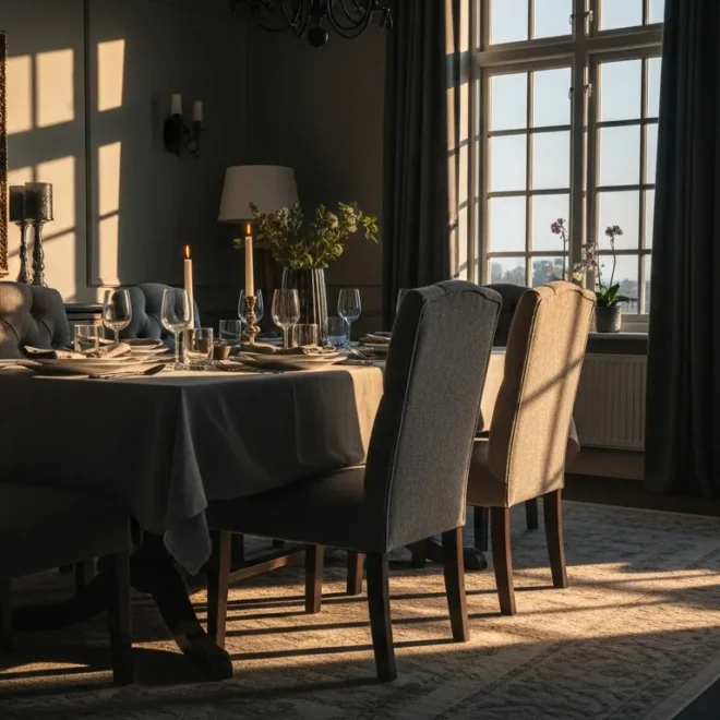 Elegant gray dining room featuring upholstered chairs and a crystal chandelier