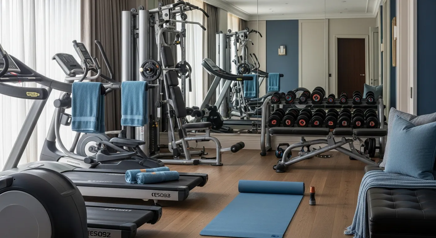 Completed classic luxury home gym ideas with dusty blue theme and equipment