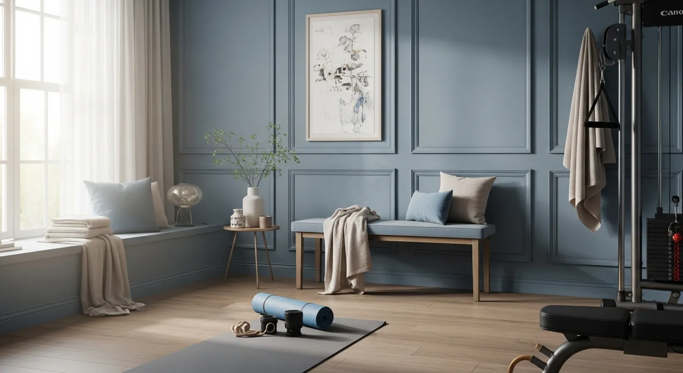 Close up of luxury equipment in a dusty blue classic home gym