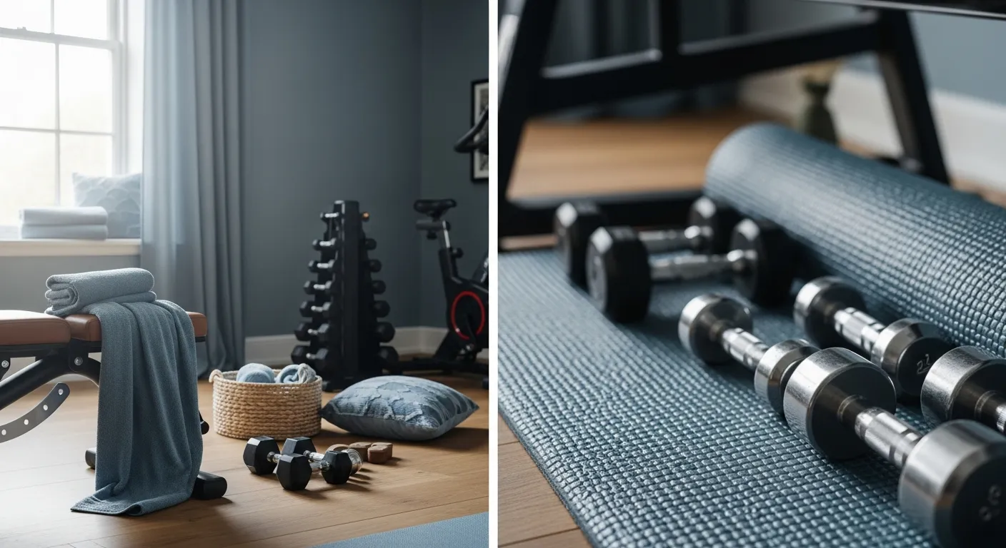 Atmospheric lighting highlighting classic luxury home gym ideas and blue walls