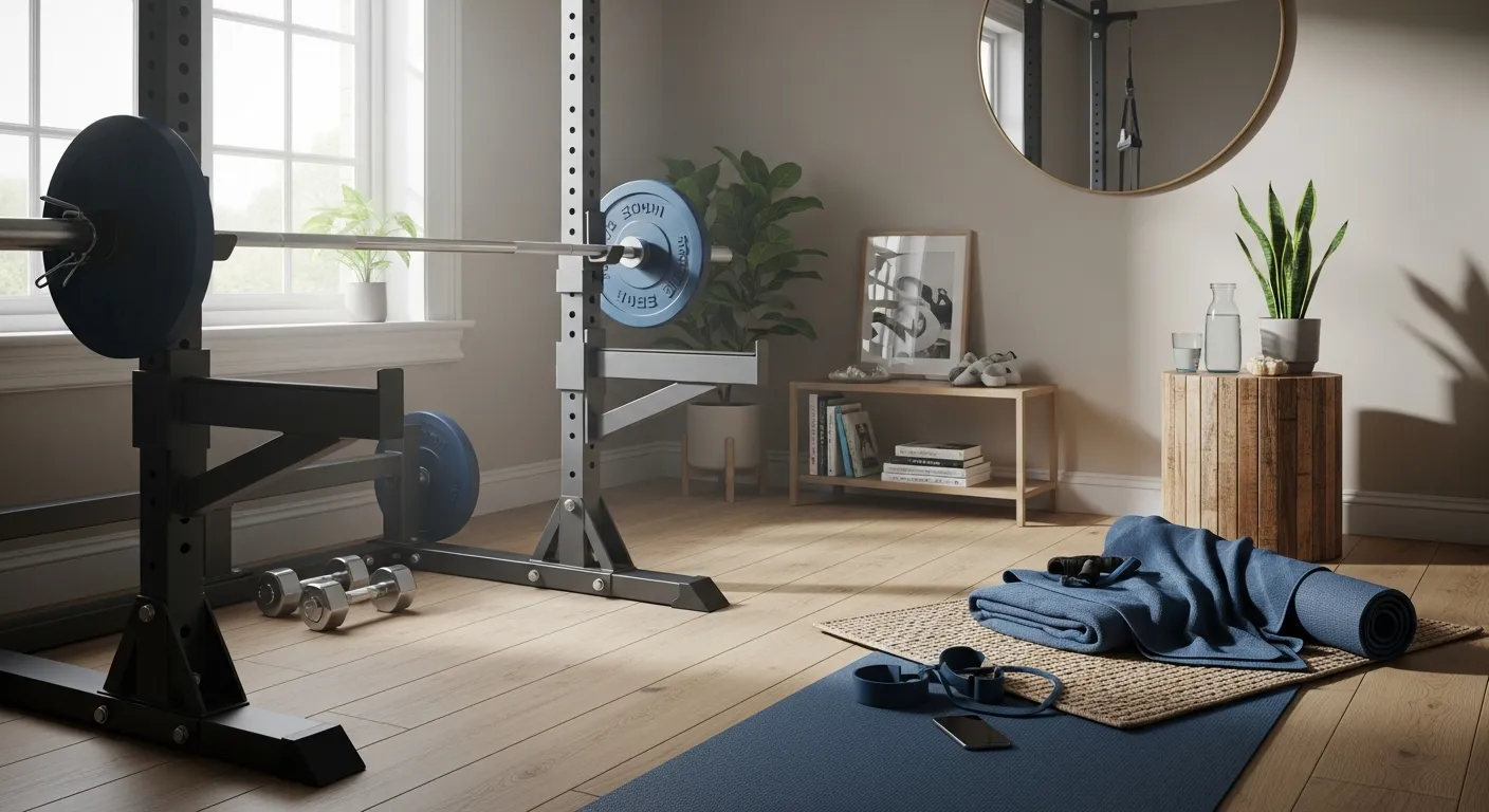 Styling classic luxury home gym ideas with gold mirrors and dusty blue walls