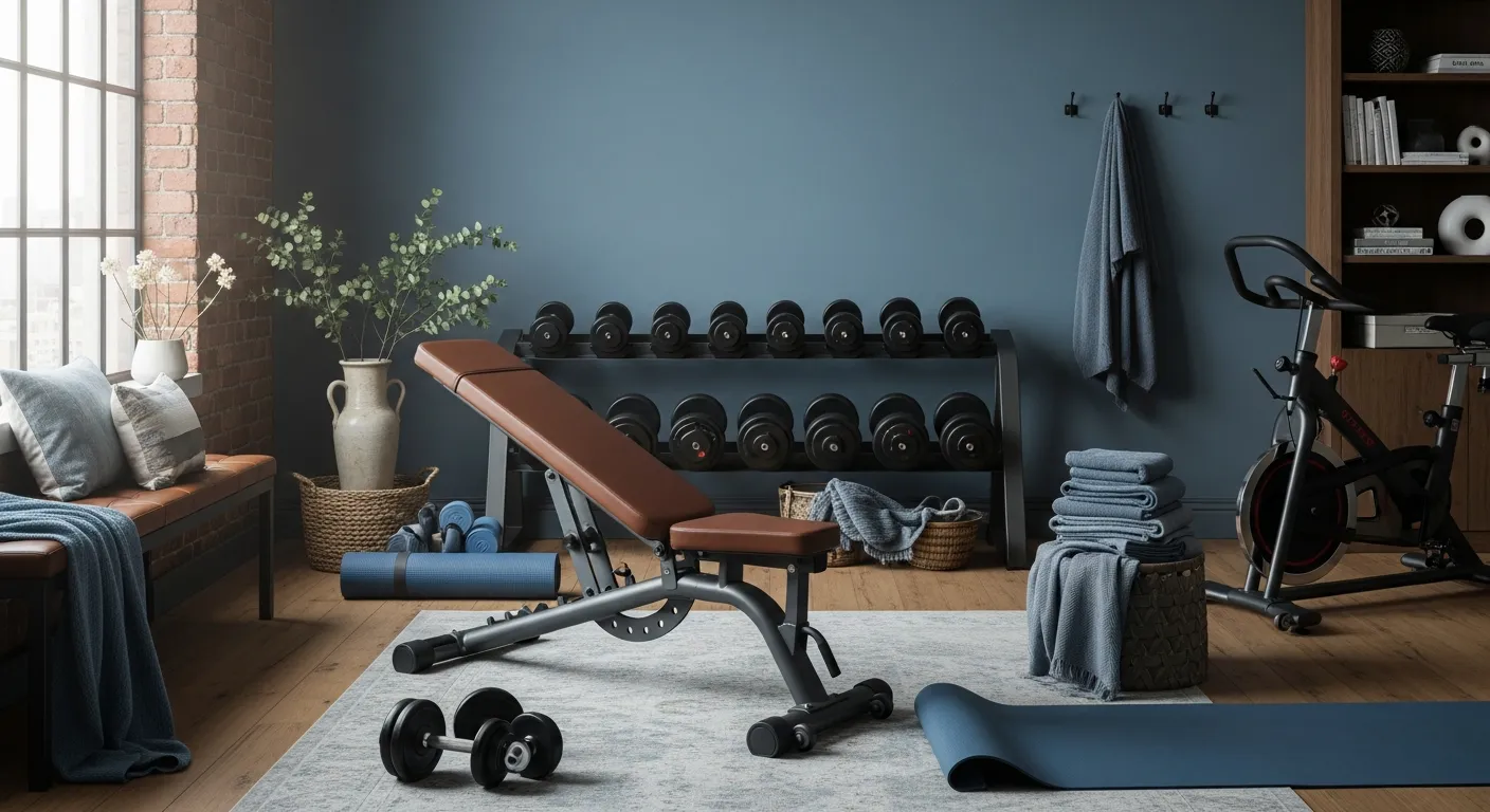 Detail of dusty blue walls and gold accents in a classic luxury home gym setting