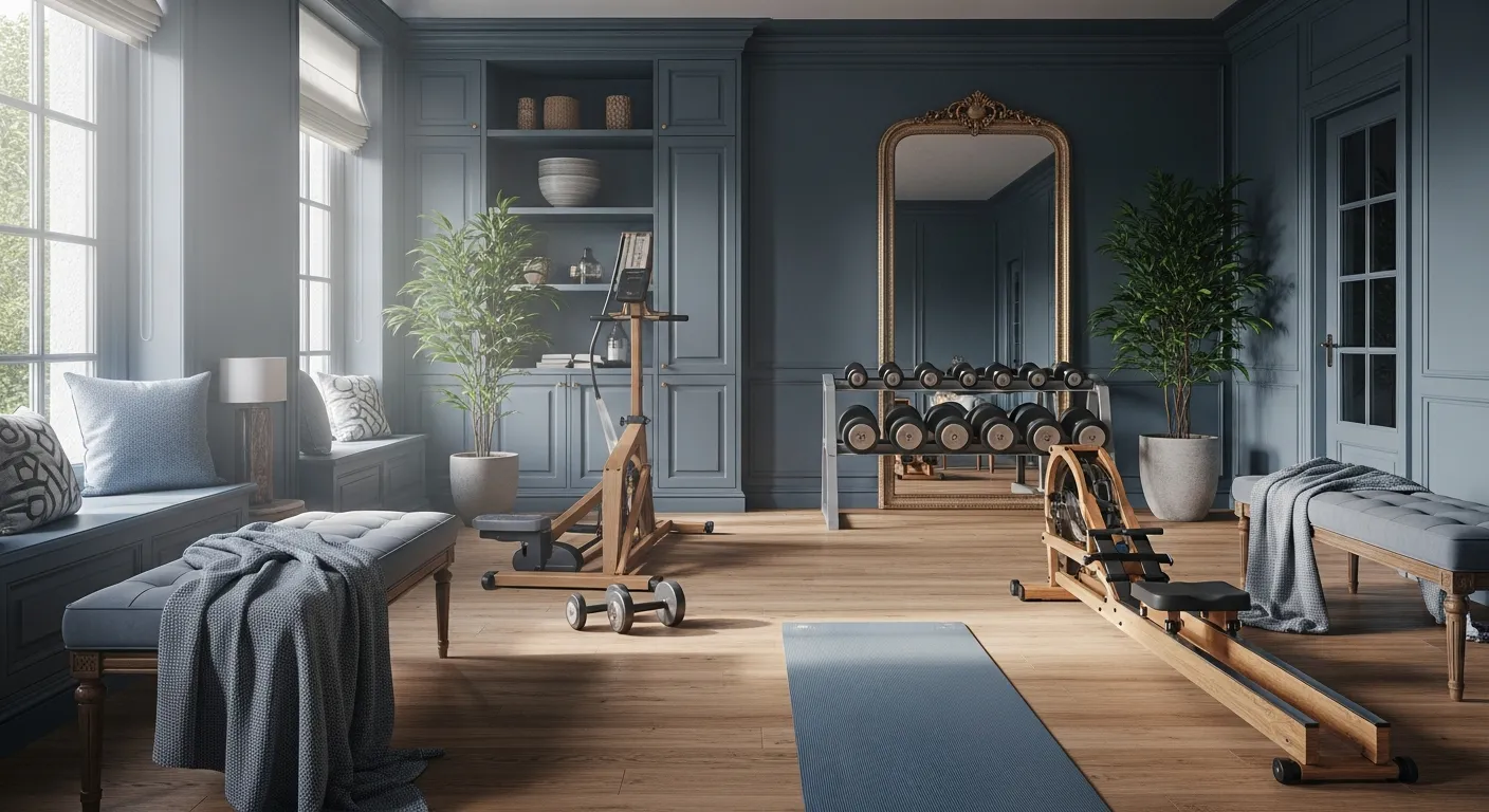 Classic luxury home gym ideas featuring dusty blue wainscoting and sophisticated molding