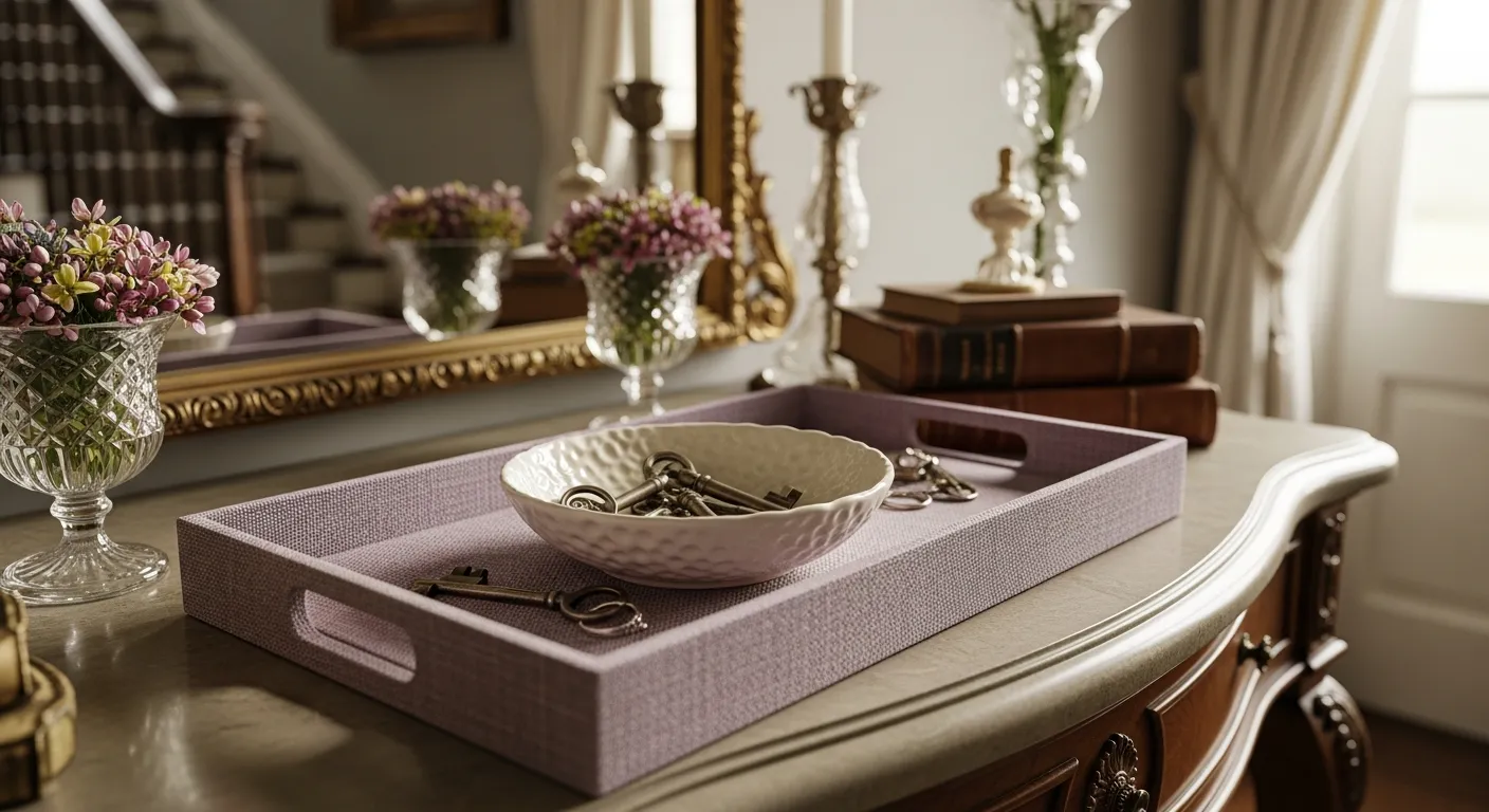 Detail shot of marble console decor in a classic luxury entryway