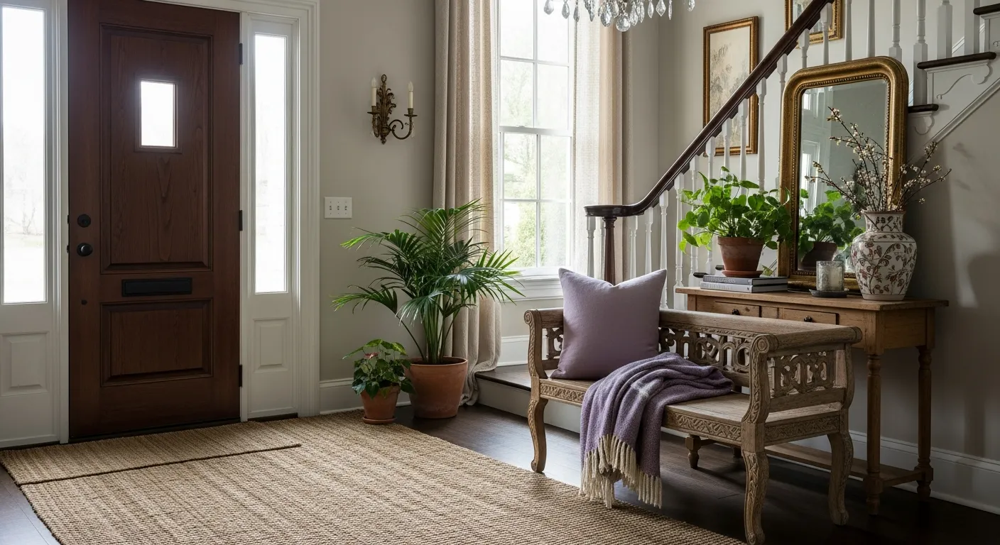 White wainscoting and lilac walls in a sophisticated classic luxury entryway