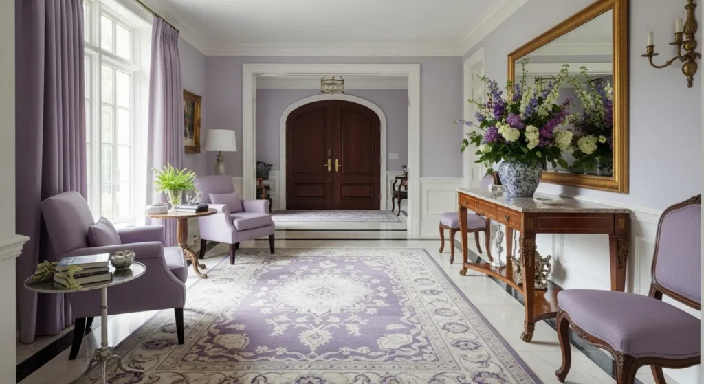 Opulent lilac entryway featuring gold console table, crystal chandelier, and marble flooring
