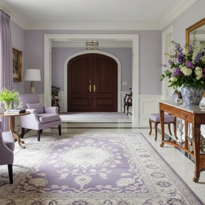 Opulent lilac entryway featuring gold console table, crystal chandelier, and marble flooring