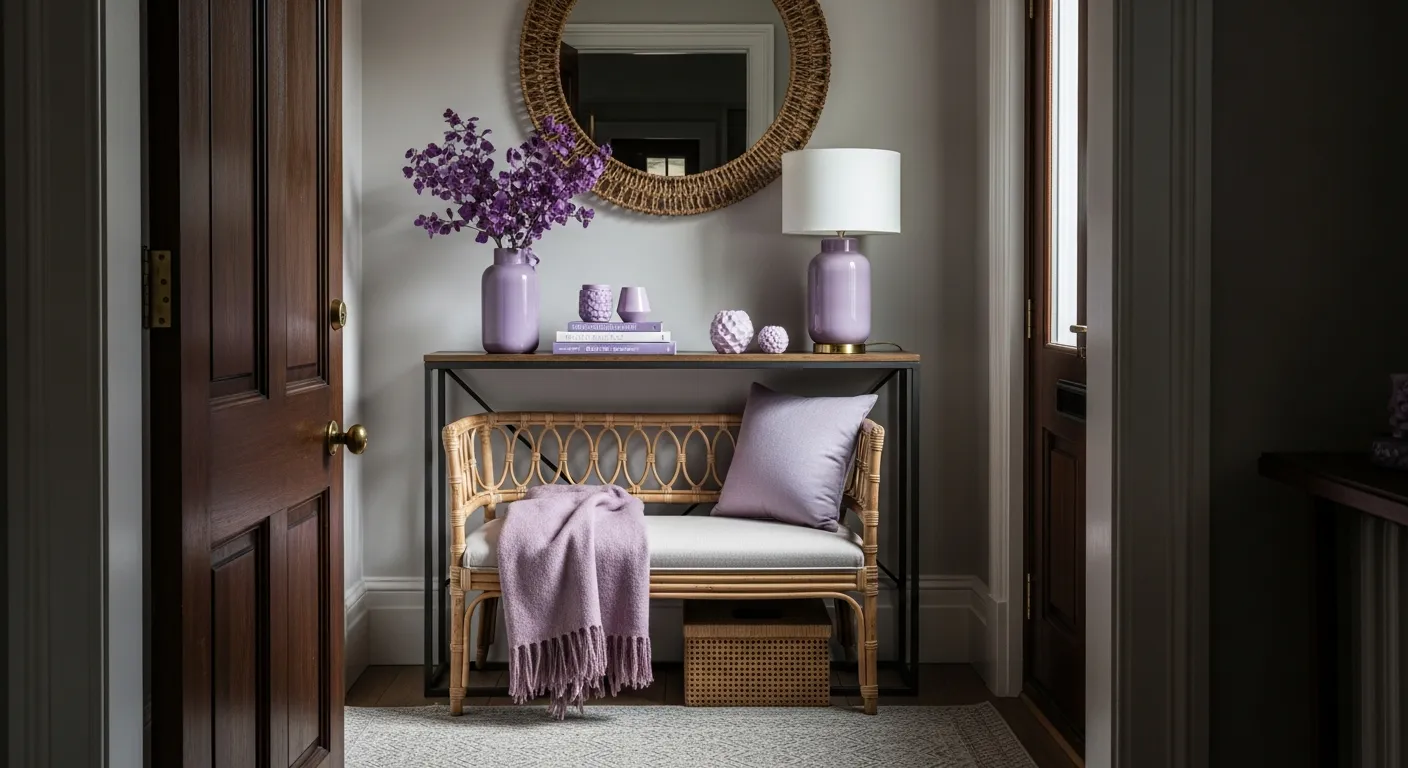 Soft lilac walls paired with gold accents representing classic luxury entryway ideas