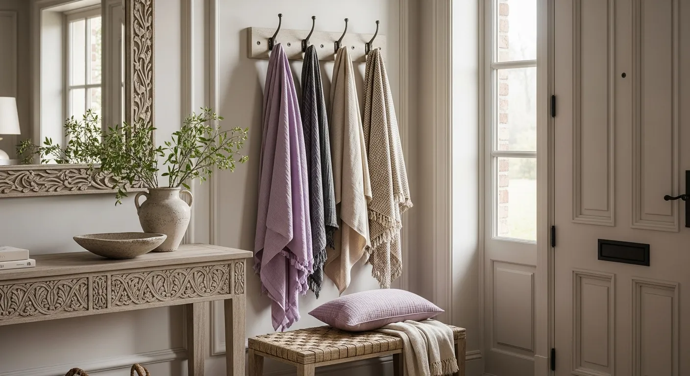 Statement chandelier lighting up a classic luxury entryway with lilac tones
